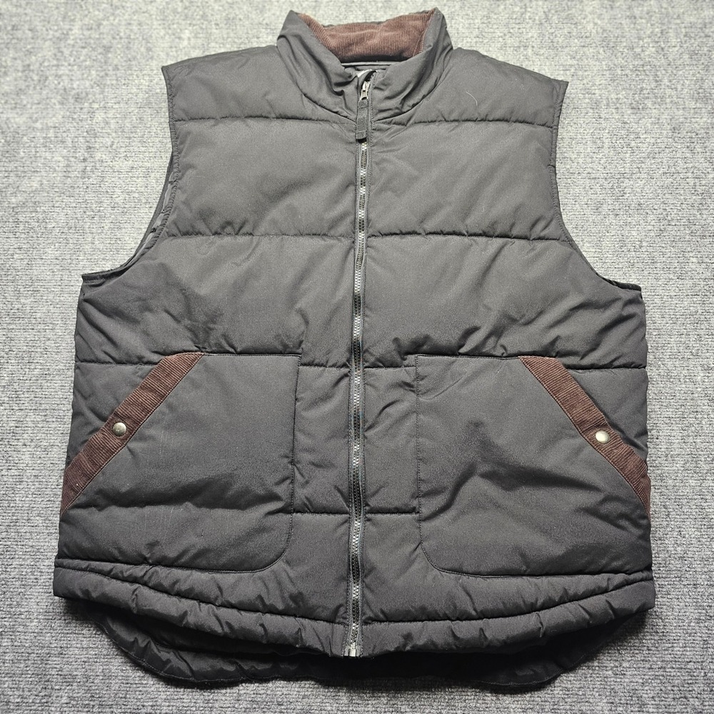 St. Johns Bay Mens XL Black Puffer Vest Corduroy Trim Quilted Full Zip Outerwear